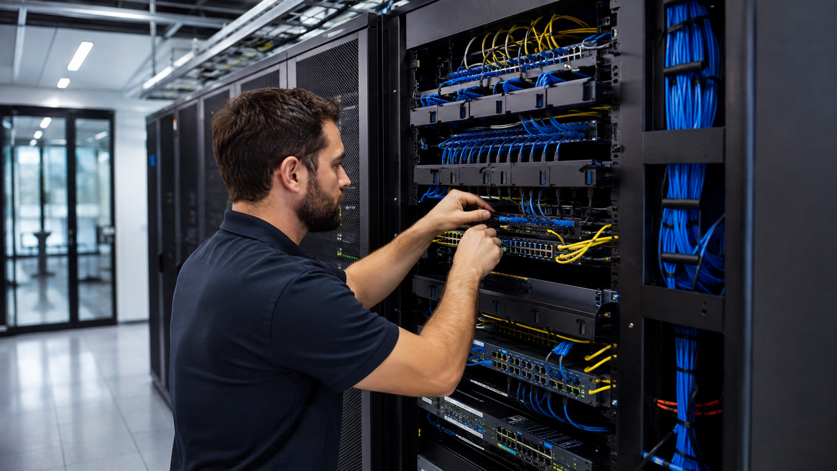 IT technician installing network equipment in a server room
