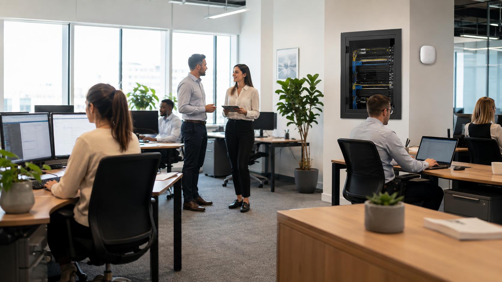 Modern office with employees using connected technology