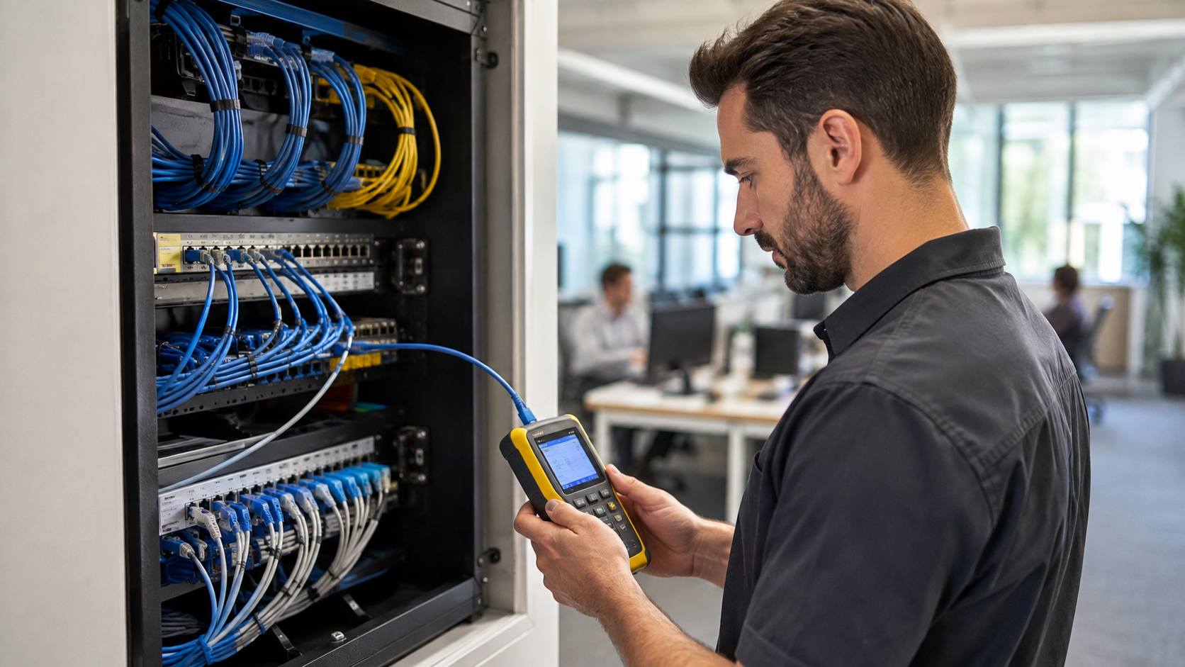 Technician testing network cables and connections in an office