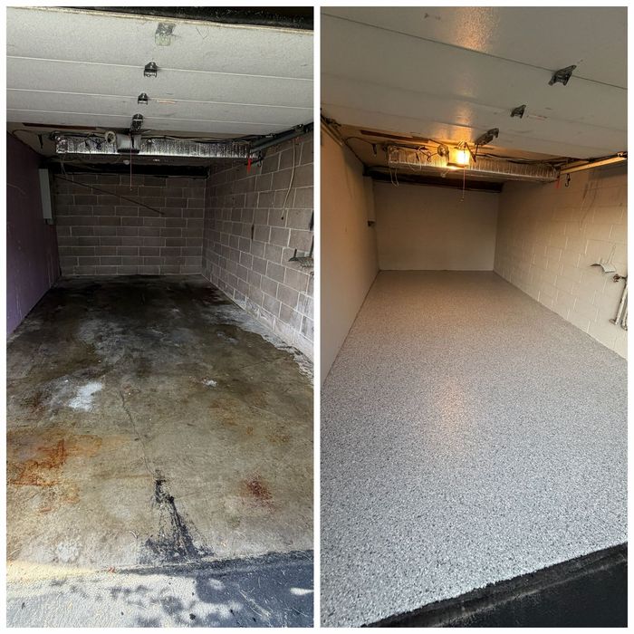 Single-car garage floor before and after flake coating