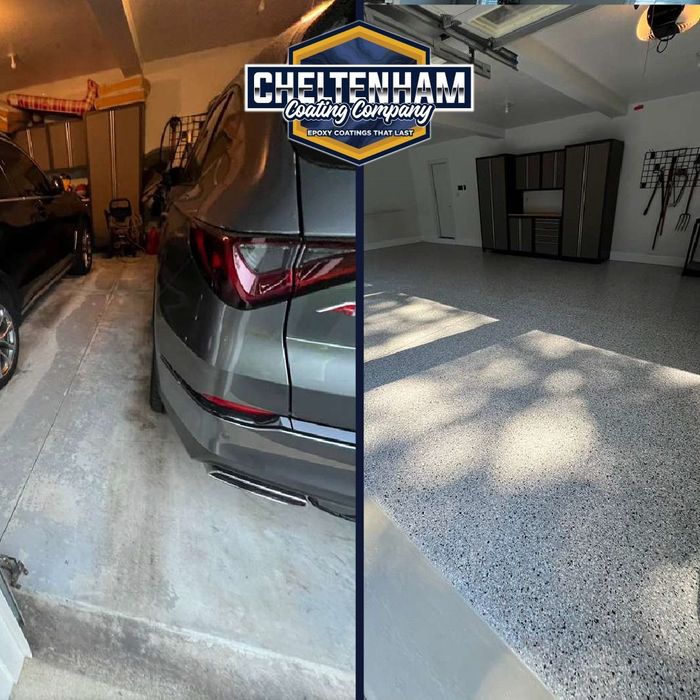 Garage floor before and after decorative flake coating with storage cabinets