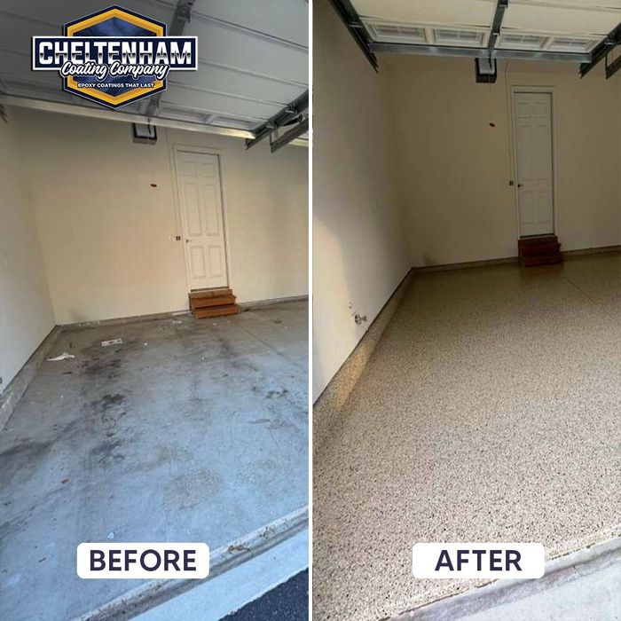 Single-car garage floor before and after flake coating