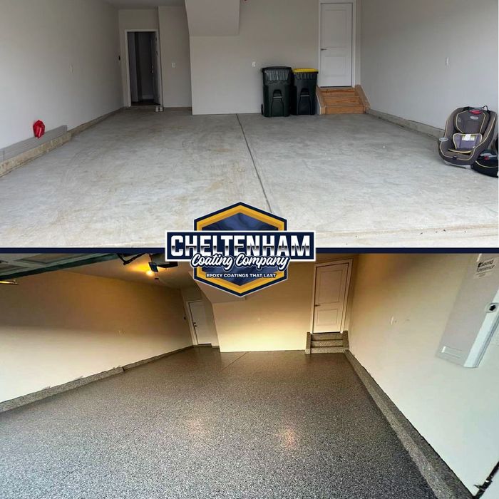 Two-car garage floor before and after decorative flake coating