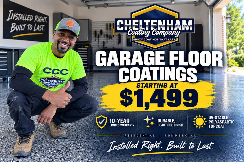 Cheltenham Coating Company garage floor coatings promotion with owner in a finished garage