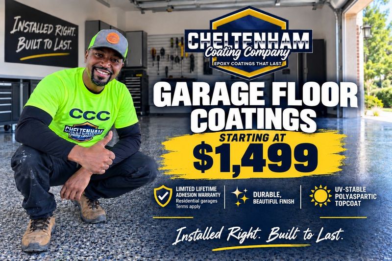 Cheltenham Coating Company garage floor coatings starting at $1,499, Limited Lifetime Adhesion Warranty, terms apply