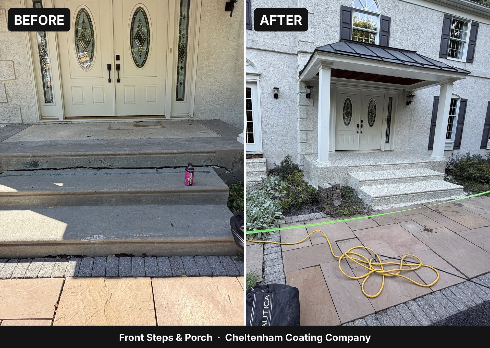 Before and after flake coating on cracked concrete front steps