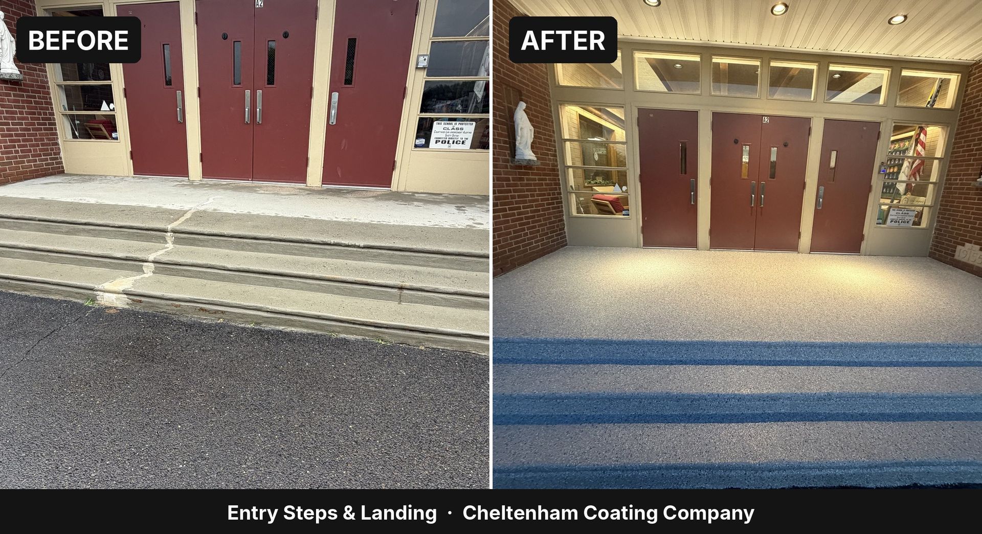 Before and after flake coating on wide concrete entry steps and landing
