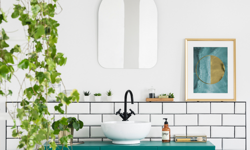 new bathroom addition with bold color accents