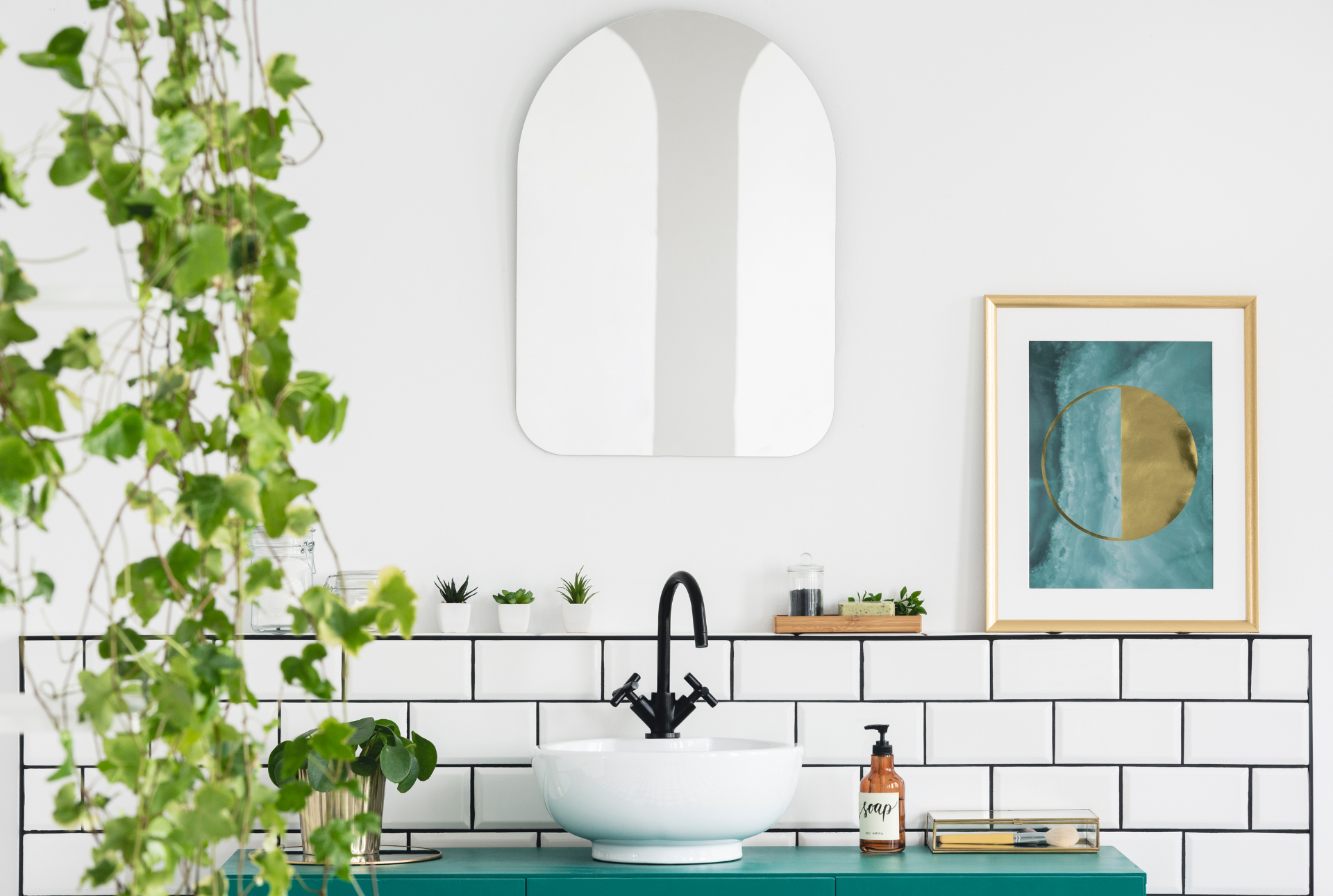 powder room renovated with bold color accents