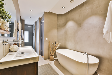 minimal and modern bathroom remodeled with stone features