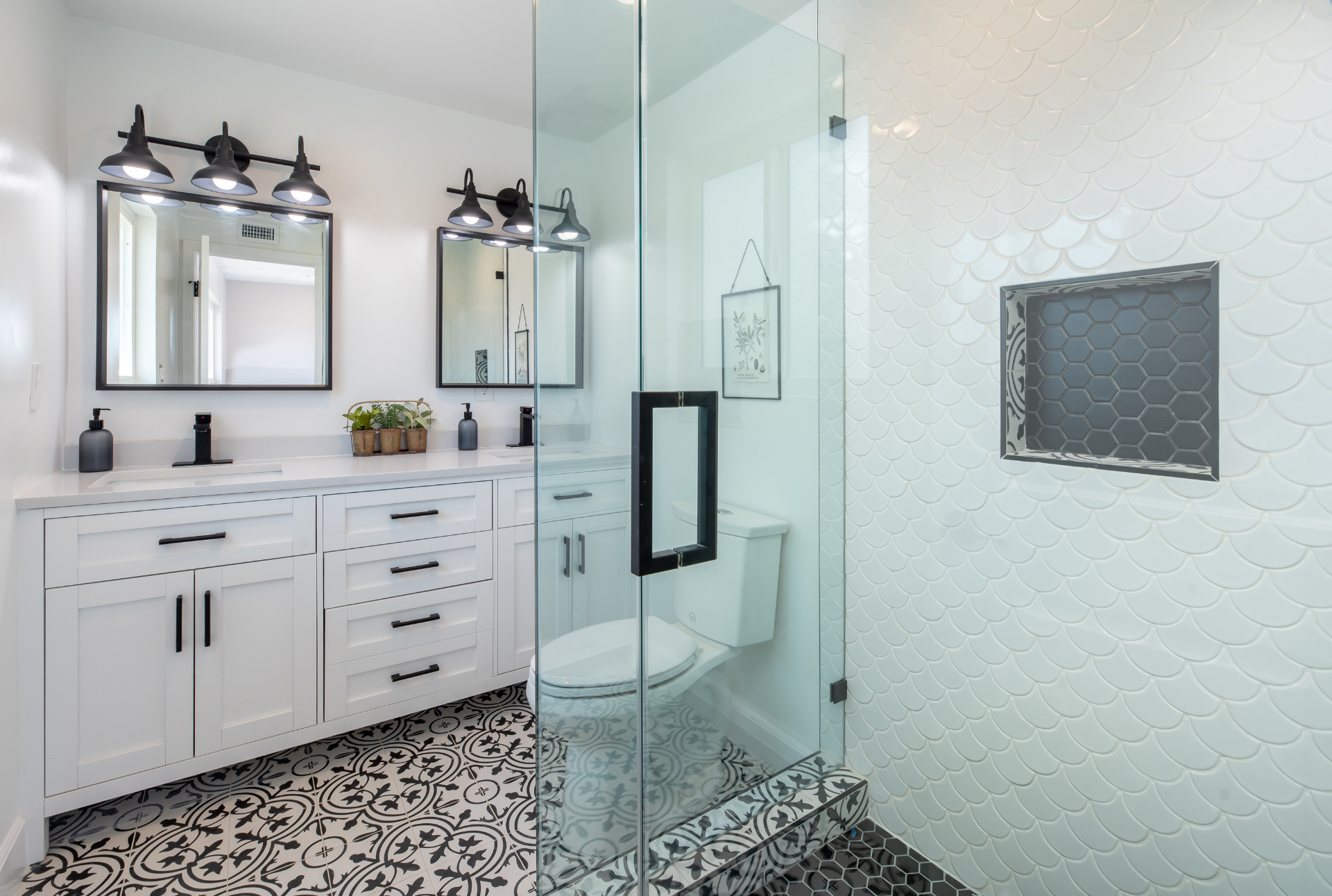 powder room with bold flooring
