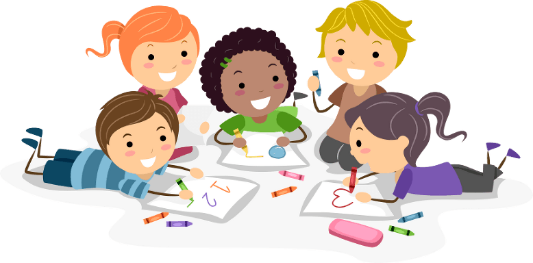 Cartoon children lying on a mat, colouring pictures