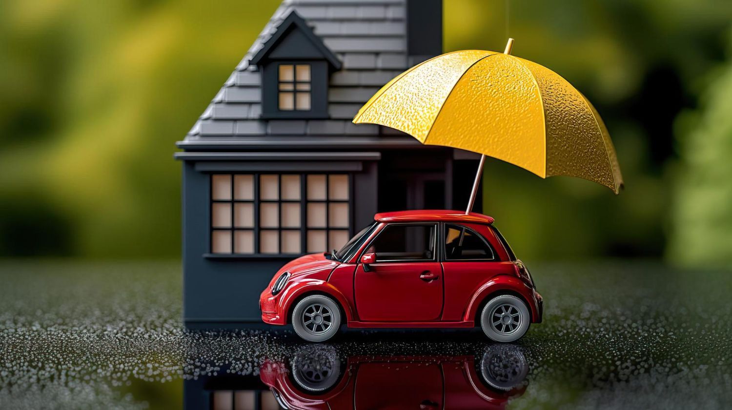 Red toy car beside a gray house under a yellow umbrella on a wet reflective surface