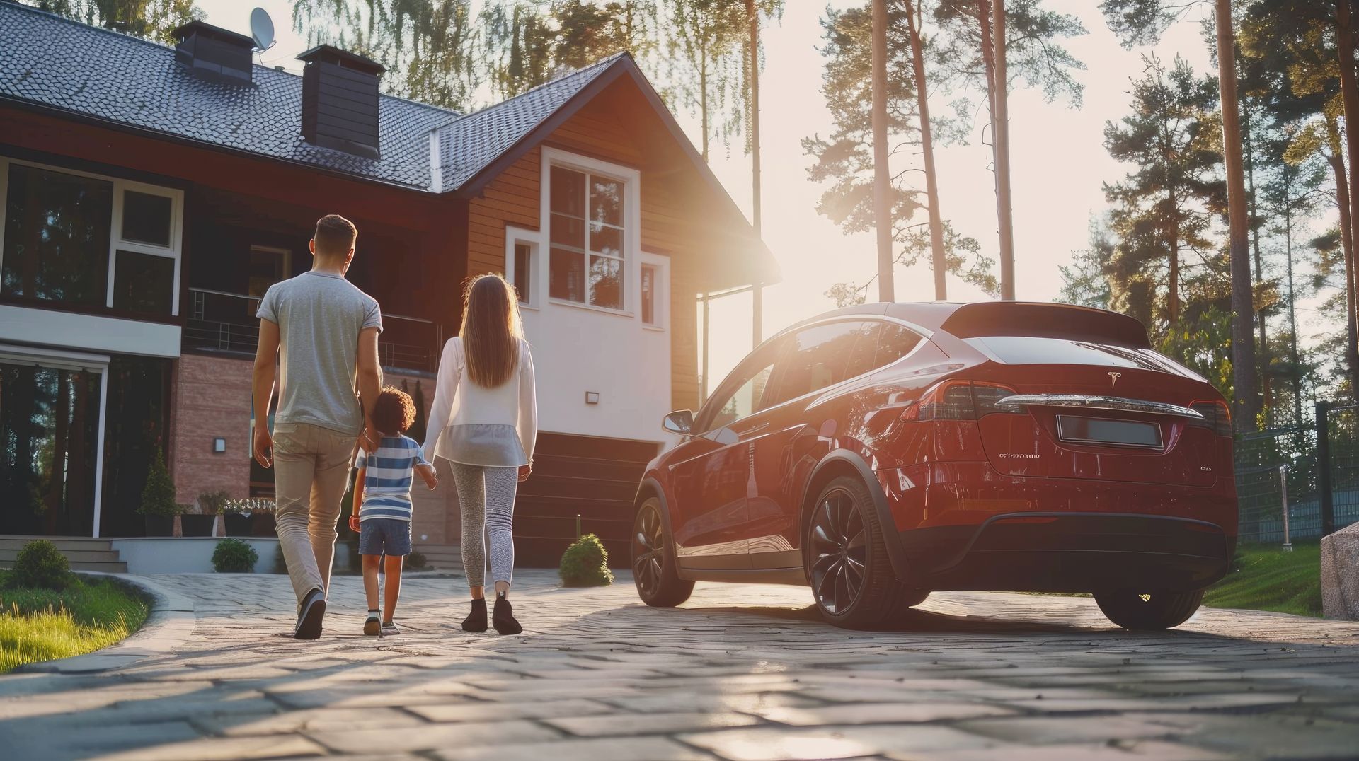 Family walking toward a modern house beside a red SUV in warm evening light