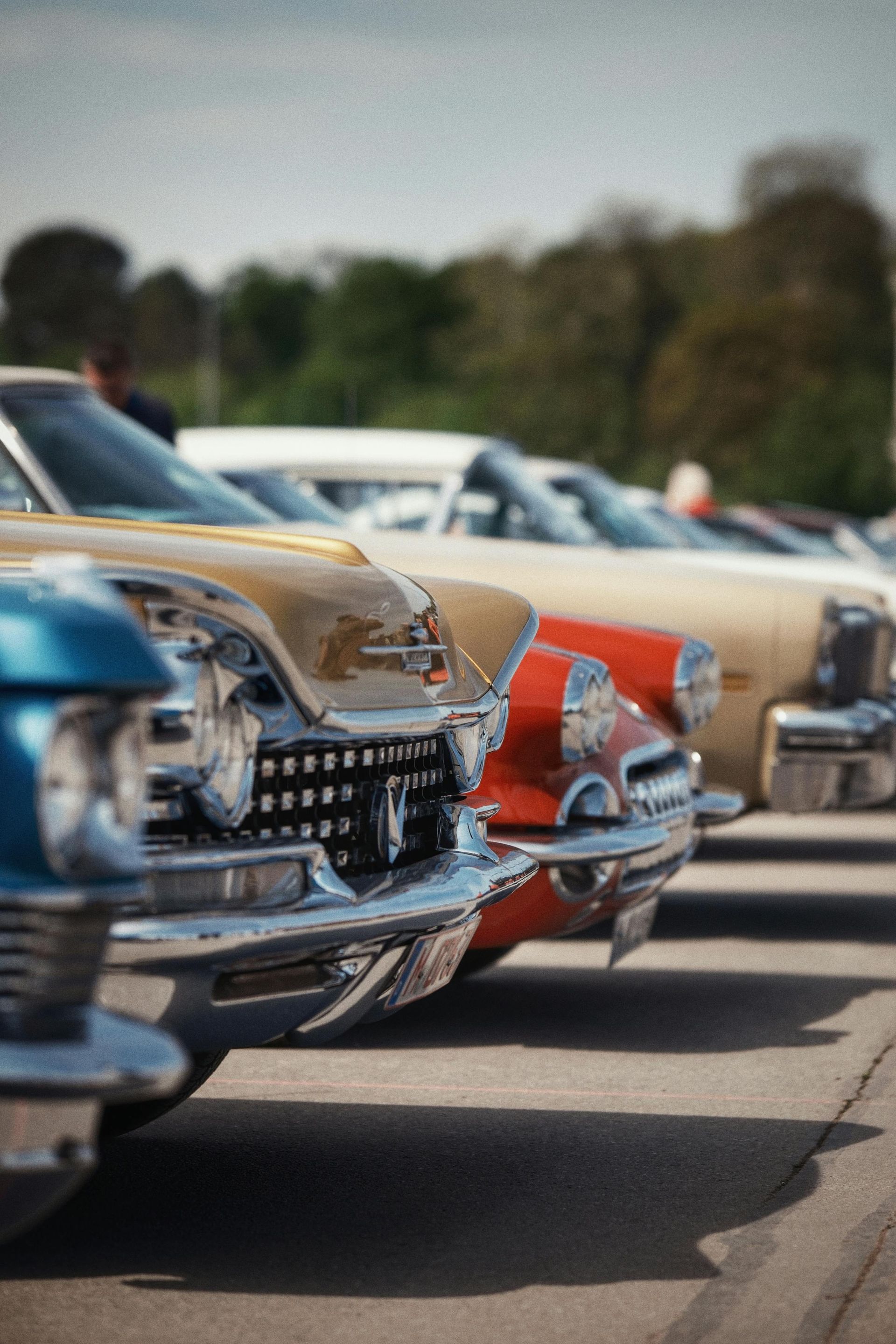 Row of classic cars parked side by side, front grilles and chrome bumpers in focus.