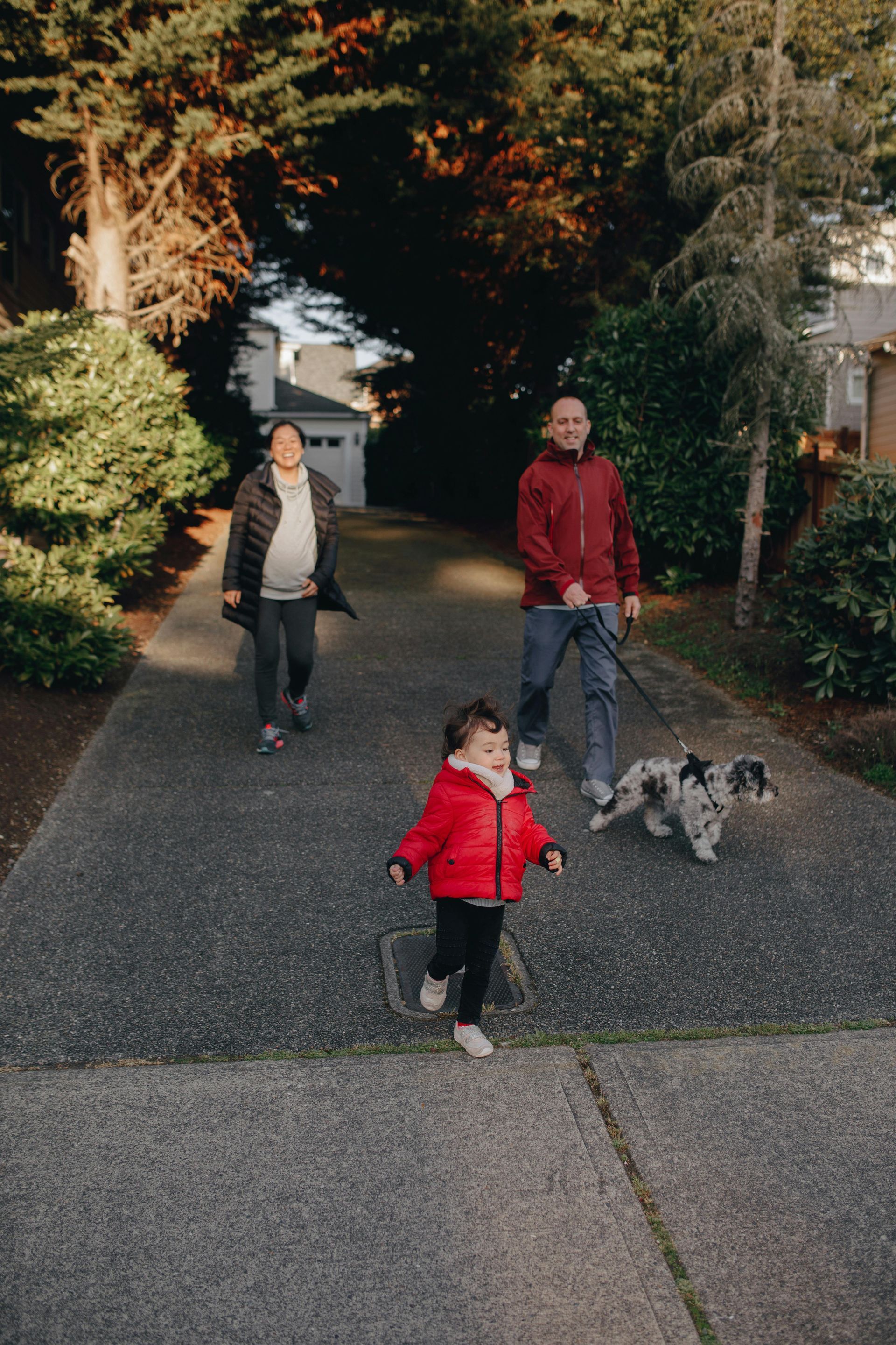 Three people and two small dogs walking down a gravel driveway in a leafy yard