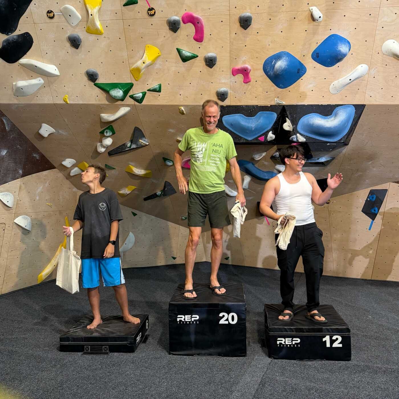 Beginner category 1st, 2nd, and 3rd place winners for the Crimpin Ain't Easy Aloha Rock Gym comptetition
