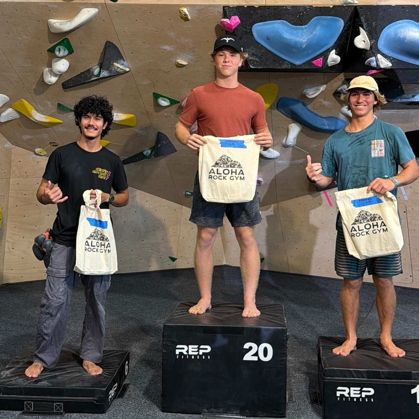 Intermediate category 1st, 2nd, and 3rd place winners for the Crimpin Ain't Easy Aloha Rock Gym comptetition