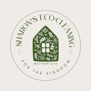 Circular logo: "Sharon's Eco-Cleaning" around a green house with leaves. Matthew 6:33.