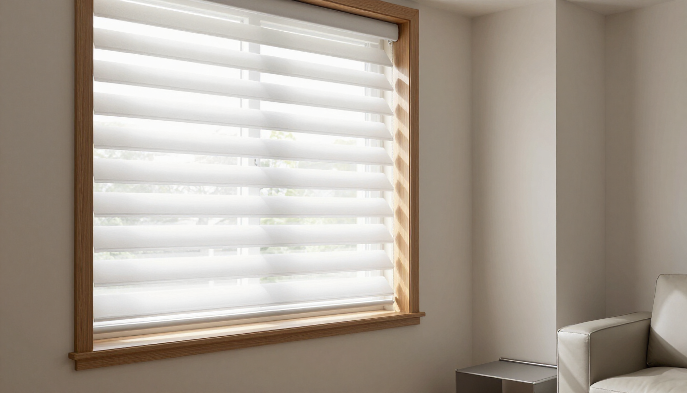 Bedroom window with white blinds and light wood trim next to a beige wall and bed edge
