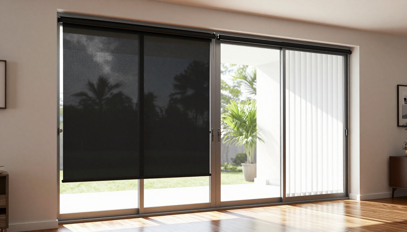 Living room with large sliding glass doors, one black and one white blind, bright daylight outside