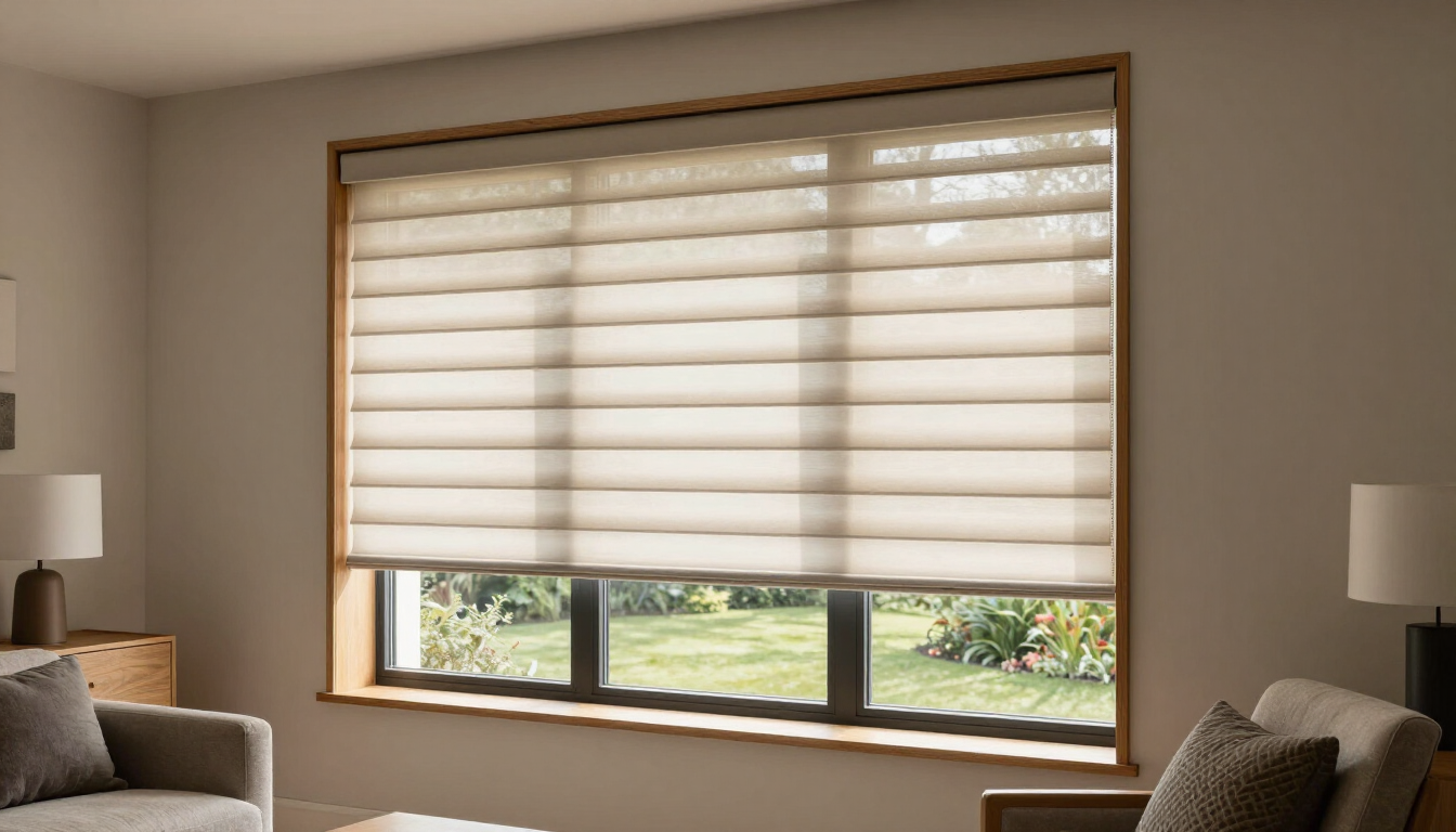 Living room window with beige blinds partially open, showing a grassy view outside