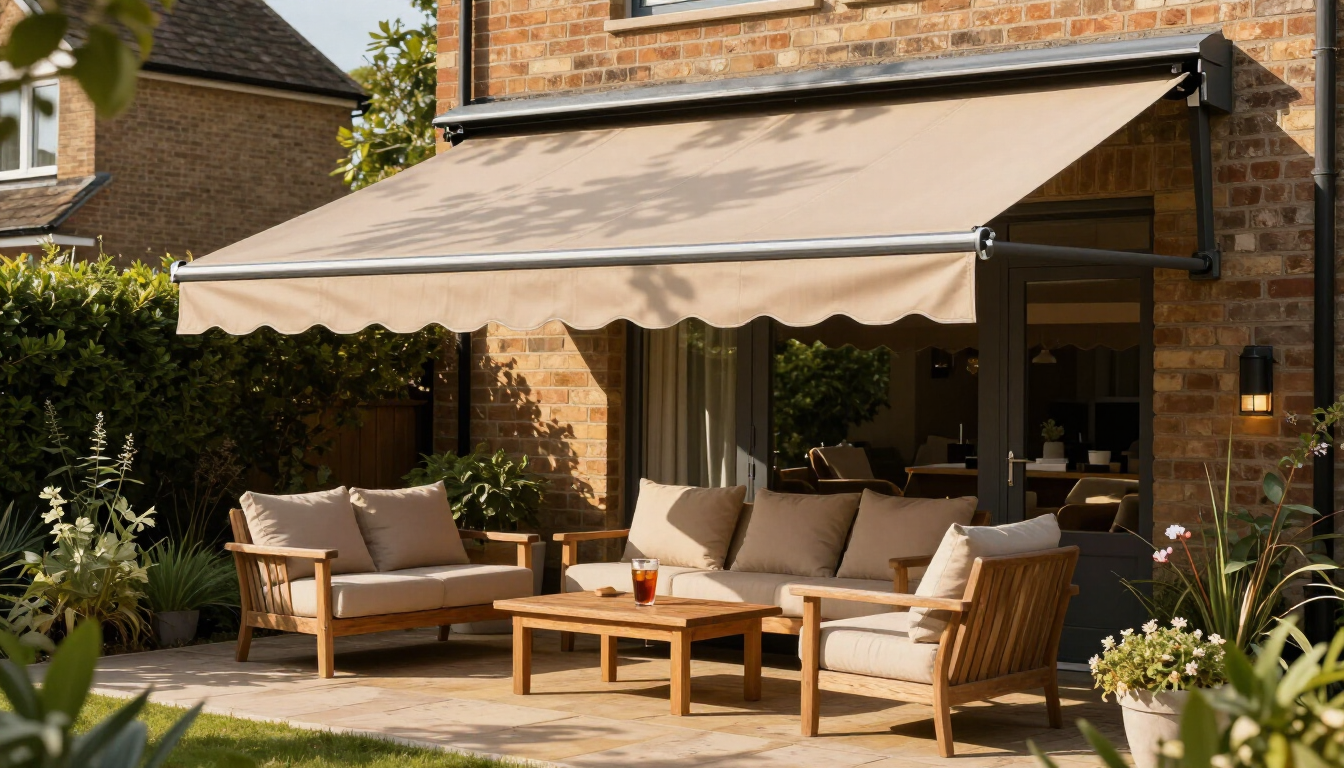 Patio with beige awning, wicker seating, and wooden coffee table beside a brick house