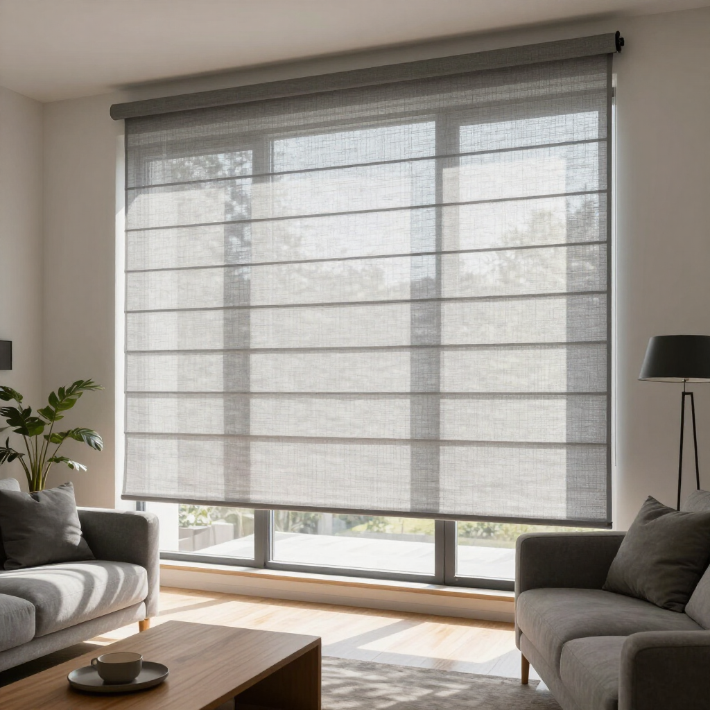 Bright living room with a large window, gray sofas, wooden coffee table, and a gray roller blind.