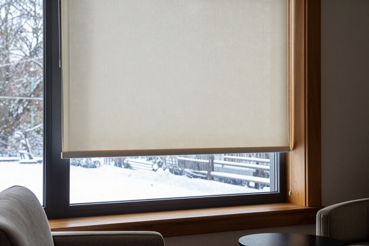Window with beige blind partially lowered, showing a snowy outdoor view and a wooden windowsill inside.