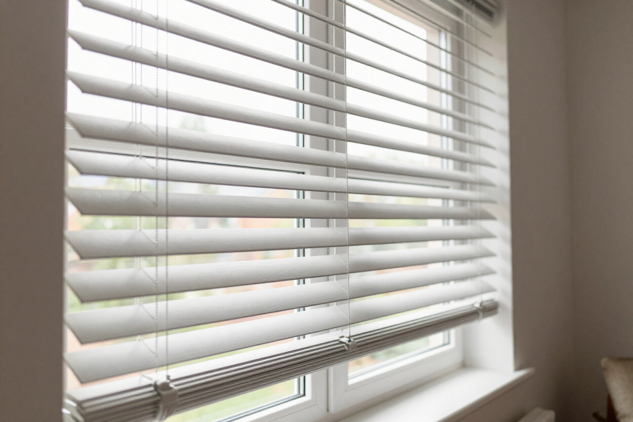 White window blinds partially open over a windowsill, letting in daylight