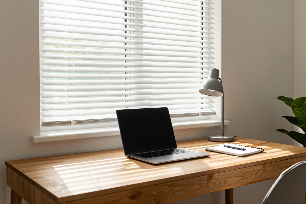 Wooden desk by a window with blinds, a laptop, desk lamp, and notebook in a bright room