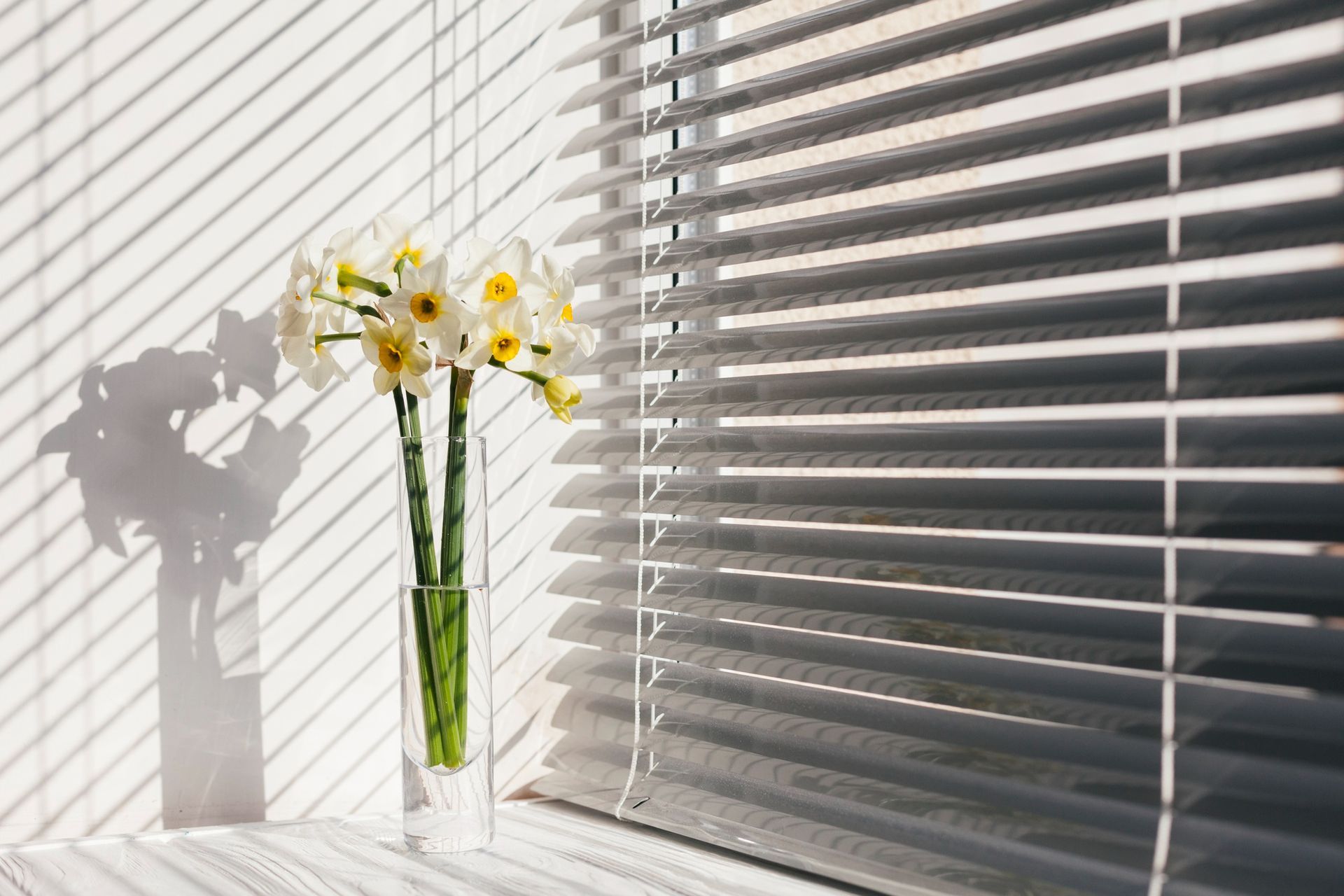 A glass vase of white daffodils sits on a windowsill next to closed horizontal blinds, casting striped shadows.