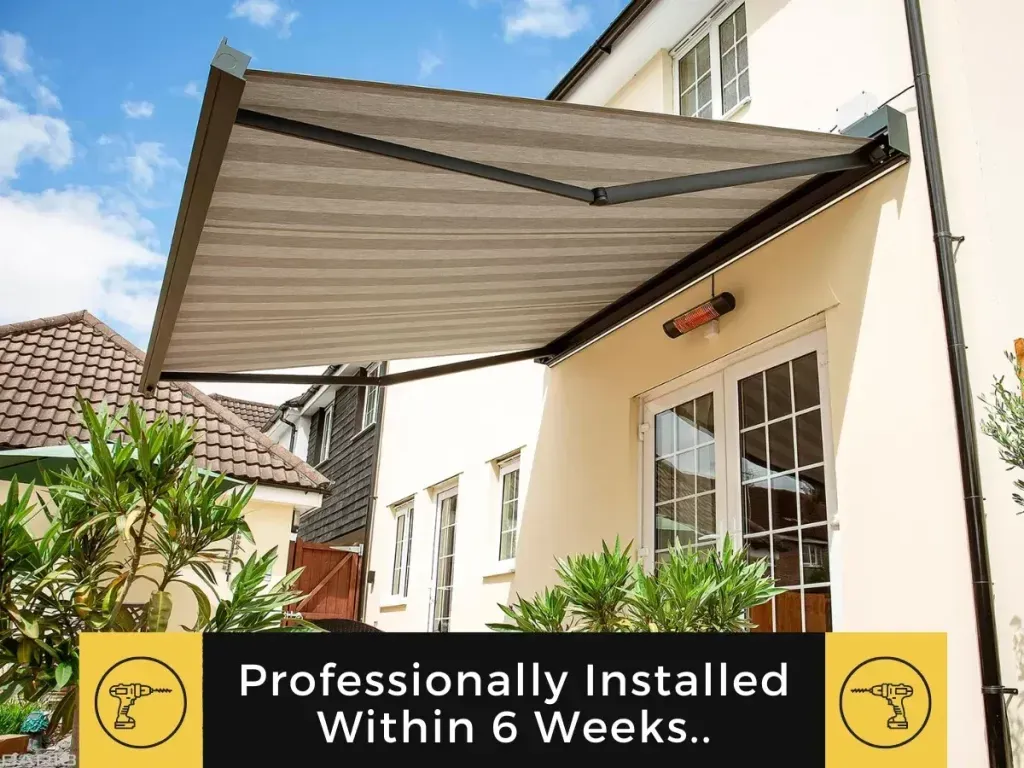 A striped patio awning extended over a house exterior with a text overlay: