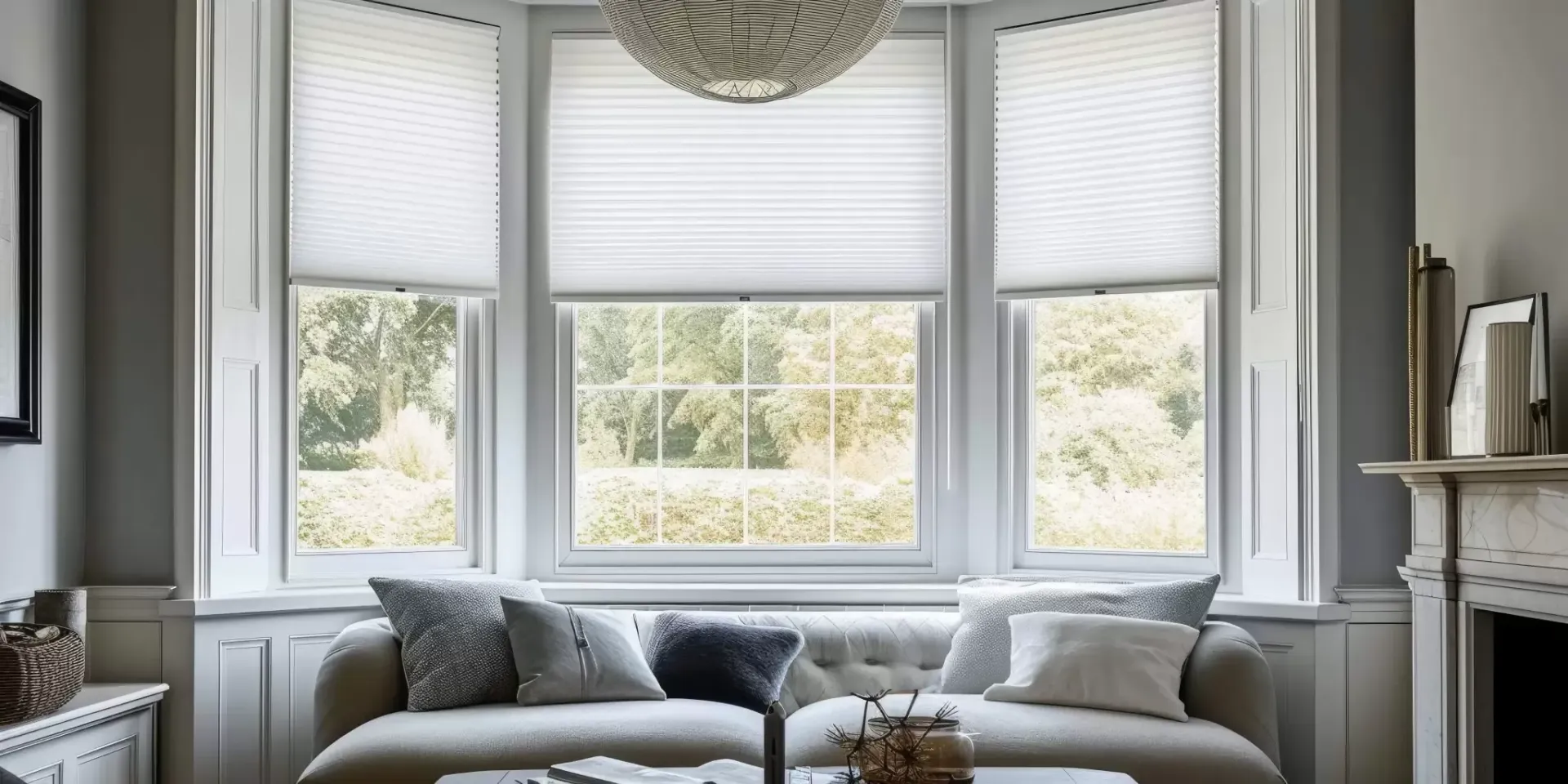 A bay window with white pleated blinds over a beige sofa in a brightly lit living room.