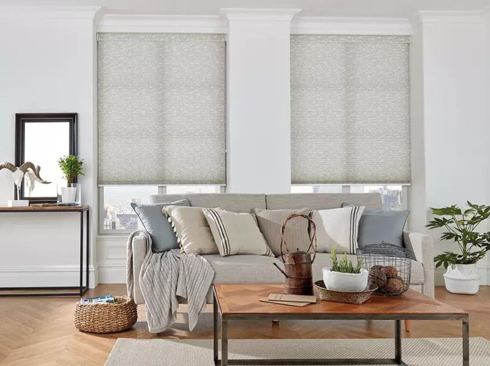 A living room with a beige sofa, patterned window shades, a wood coffee table, and a potted plant.