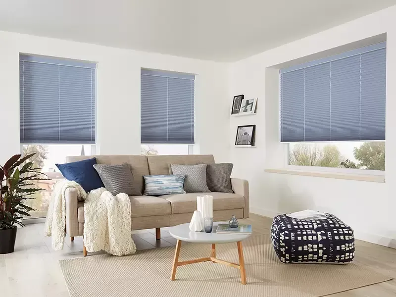 A brightly lit living room featuring a beige sofa, blue and gray pillows, a round coffee table, and blue pleated window blinds.
