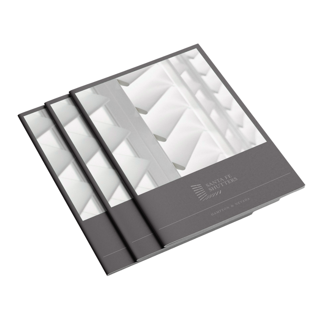 Three overlapping dark grey brochure covers featuring a white geometric pattern and a small logo.