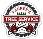 Parker’s Tree Service logo with red chainsaws, green trees, and bold red and white text