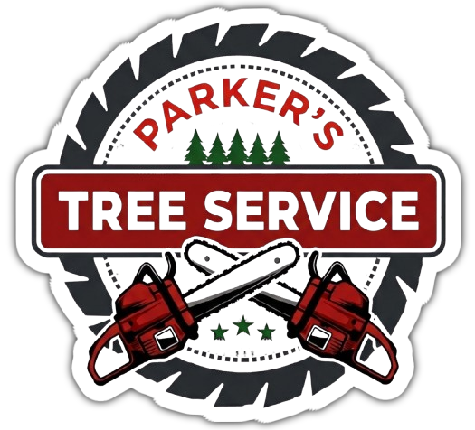 Parker’s Tree Service logo with red chainsaws, green trees, and bold red and white text