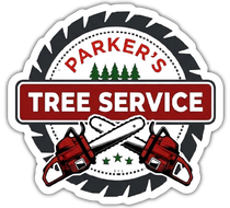 Parker’s Tree Service logo with red chainsaws, green trees, and bold red and white text