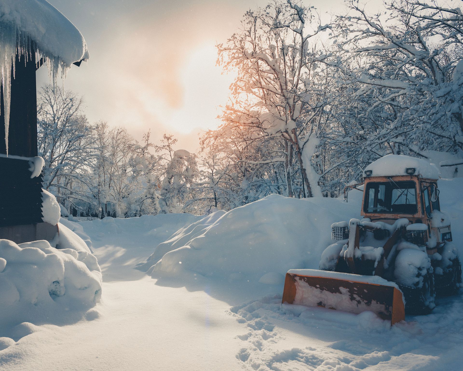Snowy rural driveway with a tractor and plow near a house at sunrise, trees covered in frost.