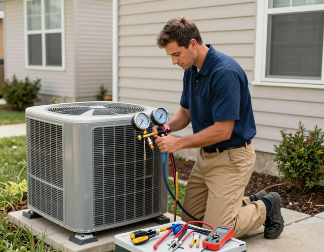 Technician kneels beside an outdoor AC unit, checking refrigerant with gauges and tools