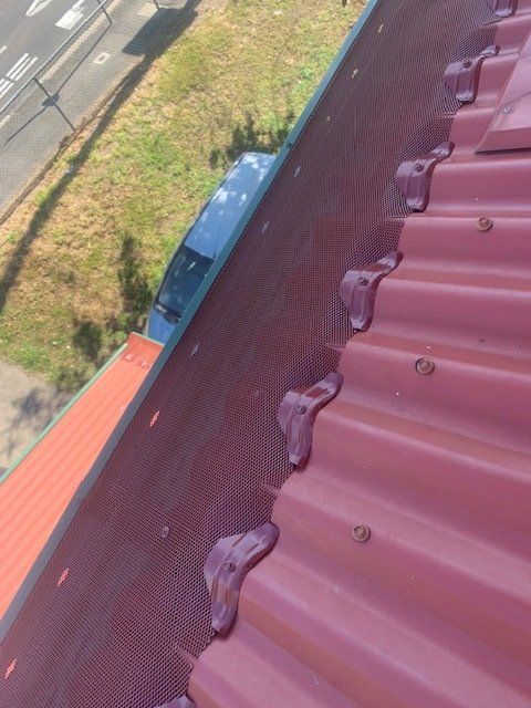 Red corrugated metal roof with a gutter guard, viewed from above.