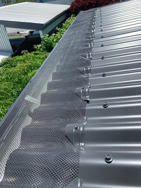 Dark gray corrugated metal roof with gutter guard. Green plants are in the background.