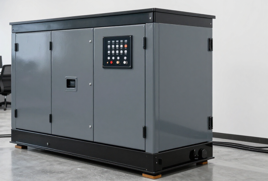 Large gray industrial cabinet with control panel on a workshop floor