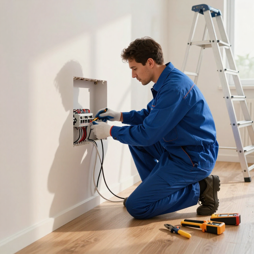 Electrician kneeling at an open wall panel, wiring cables in a white room with tools and a ladder nearby