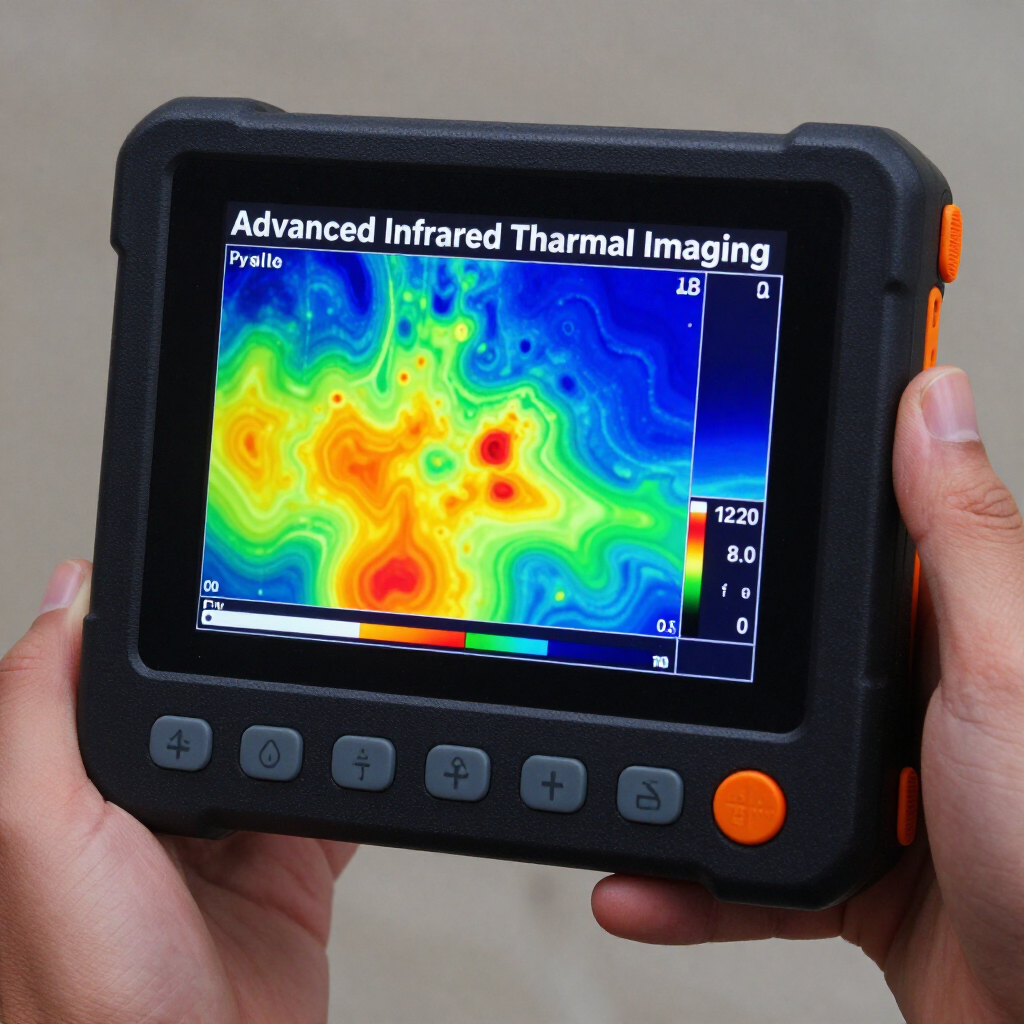 Handheld thermal imaging device showing a colorful heat map on its screen