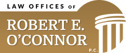 Law offices of Robert E. O'Connor, P.C. logo in gold and white with column icon