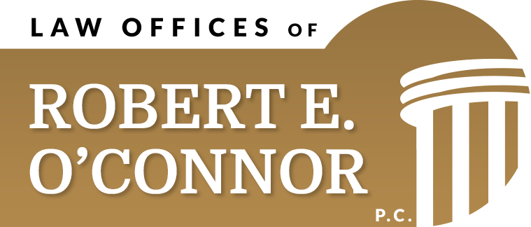 Law offices of Robert E. O'Connor, P.C. logo in gold and white with column icon