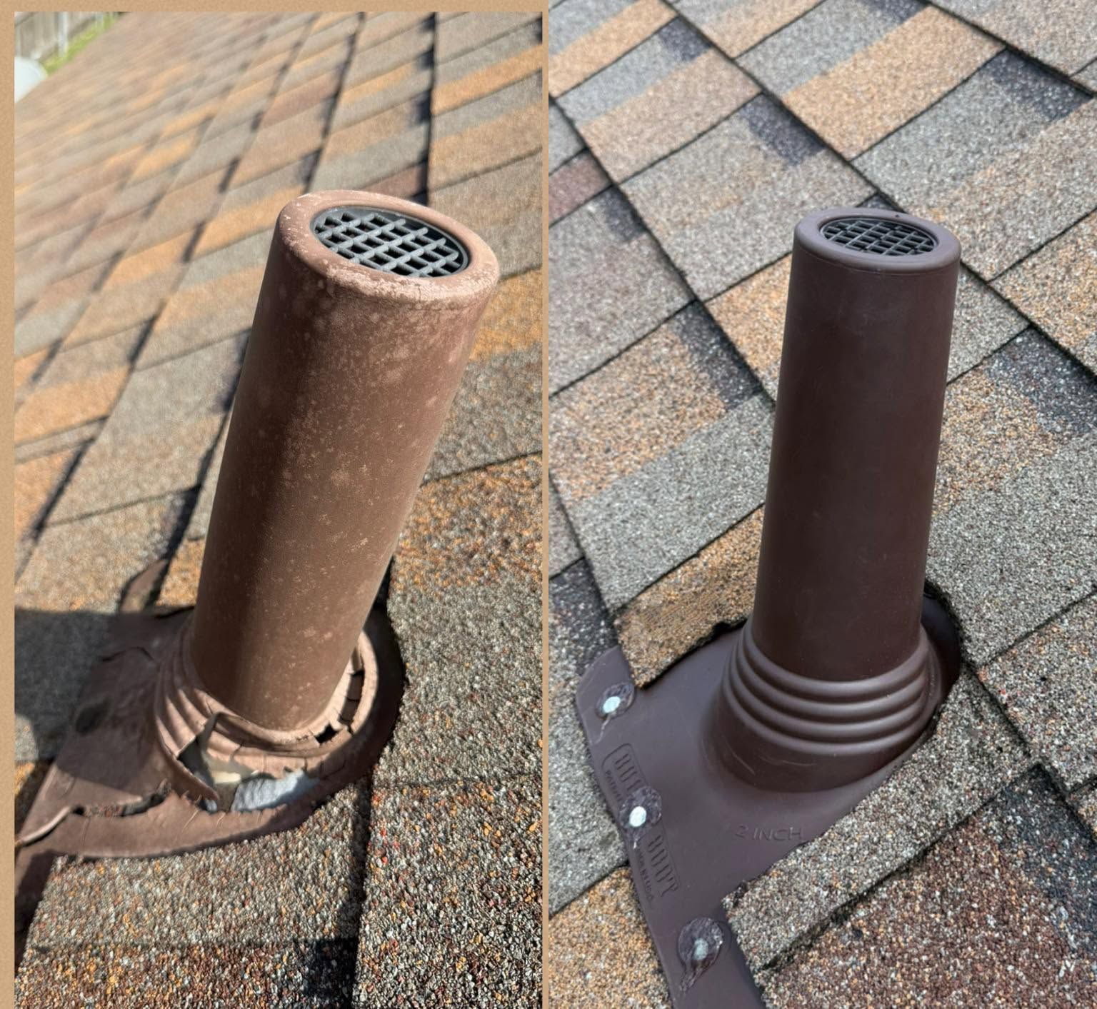 Side-by-side rooftop vent pipes: left rusted and weathered, right repaired with new flashing.